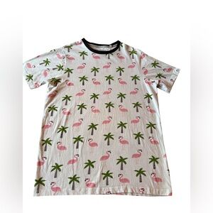 Free Planet Short Sleeve Tee Men’s Size Small White Pink Flamingos Palm Trees